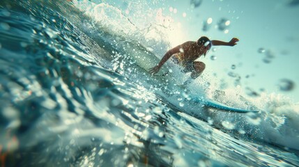 Obraz premium A person enjoying the thrill of surfing on a big wave, suitable for outdoor and adventure themed uses