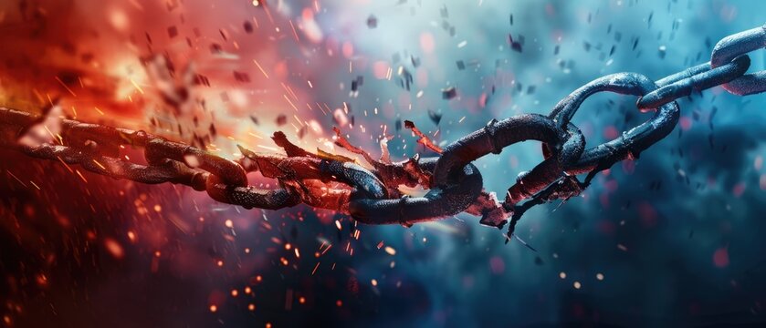 Chains breaking apart, independence day freedom and liberty symbol close up, liberation theme, surreal, Composite, abstract backdrop
