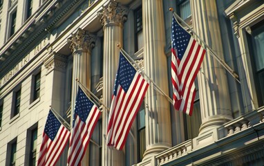 Flags on a building facade, independence day patriotism close up, architectural theme, realistic, Manipulation, government building backdrop