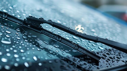 Close-up of car windshield wipers with water droplets. Rainy weather safety. Clean and clear visibility while driving.