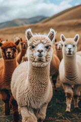 Group of llamas standing on a grassy field, suitable for travel or nature-themed images