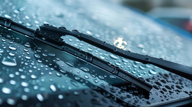 Close-up of car windshield wipers with water droplets. Rainy weather safety. Clean and clear visibility while driving.
