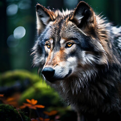 Wolf im Wald er verfolgt Spuren - Wolf sucht etwas im Wald - Wolf mit schönem Fell und Orangen Augen 