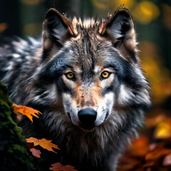 Wolf schaut hinter einem Baum hervor - Wolf steht im Wald im Frühling - Wolf mit schönem Fell 