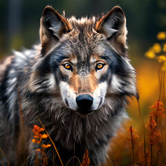 Wunderschöner Wolf mit braunen und weißen Akzenten - Wolf mit schönem Fell auf einer Wiese - Wolf mit schön leuchtenden Augen 