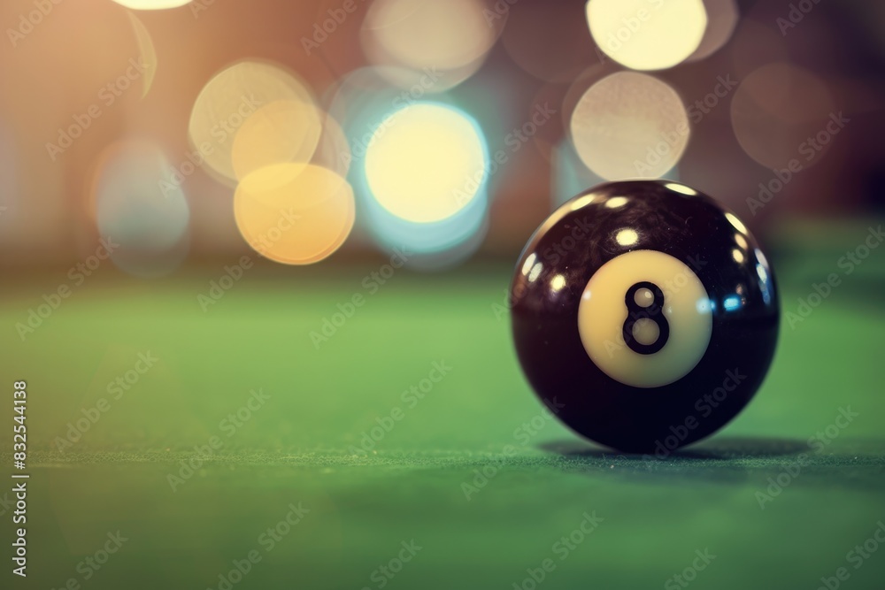 Poster a single pool ball sitting on the surface of a green billiard table