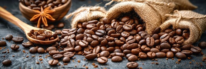 Roasted coffee beans and wooden spoons on rustic table, dark background ambiance