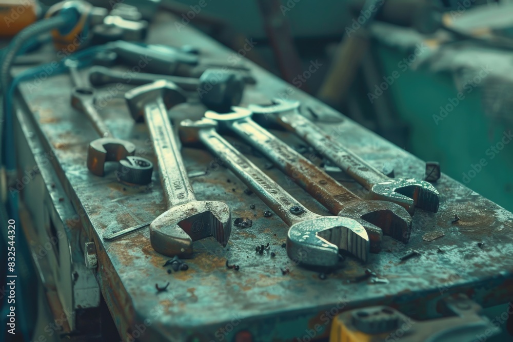 Poster A collection of wrenches placed neatly on a table surface, suitable for use in DIY projects or as a display piece