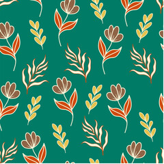 Abstract seamless botanical pattern with bright plants and flowers on a green background. Beautiful exotic plants.  Modern abstract design for fabric, paper, interior decor.