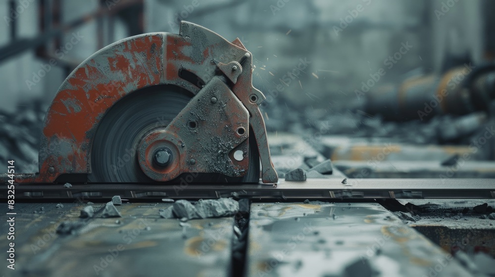 Poster A close-up view of a circular saw on a table, ideal for use in DIY tutorials or product demonstrations