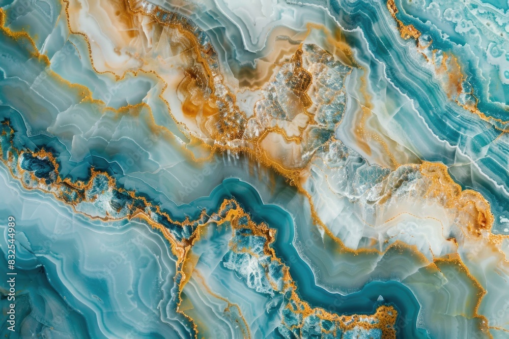 Poster a close-up shot of a blue and yellow marble with intricate patterns