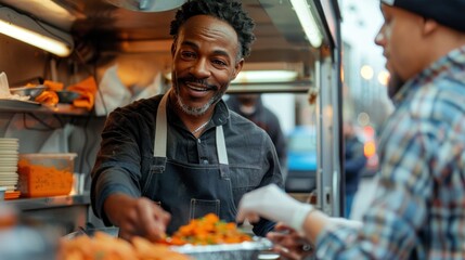 An African-American food truck owner serves a meal to a male customer. A modern concept for a business that offers takeout options Food truck catering