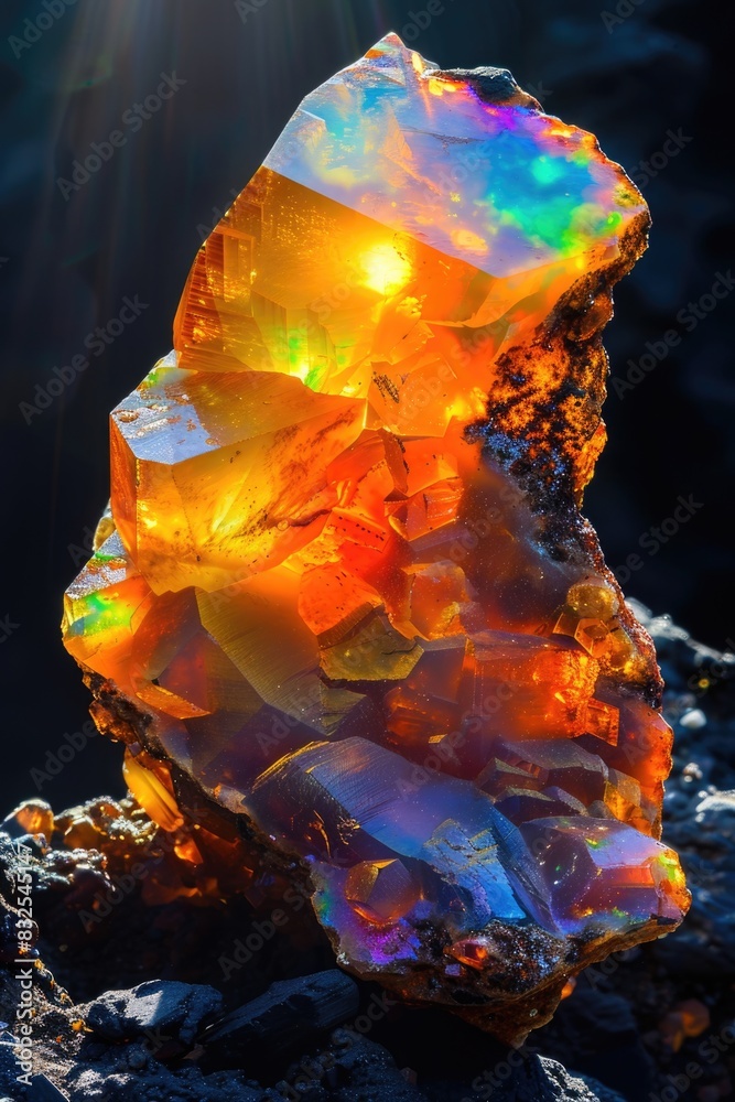 Poster Close-up shot of a colorful crystal cluster on a rock surface, suitable for use in science or nature-related contexts