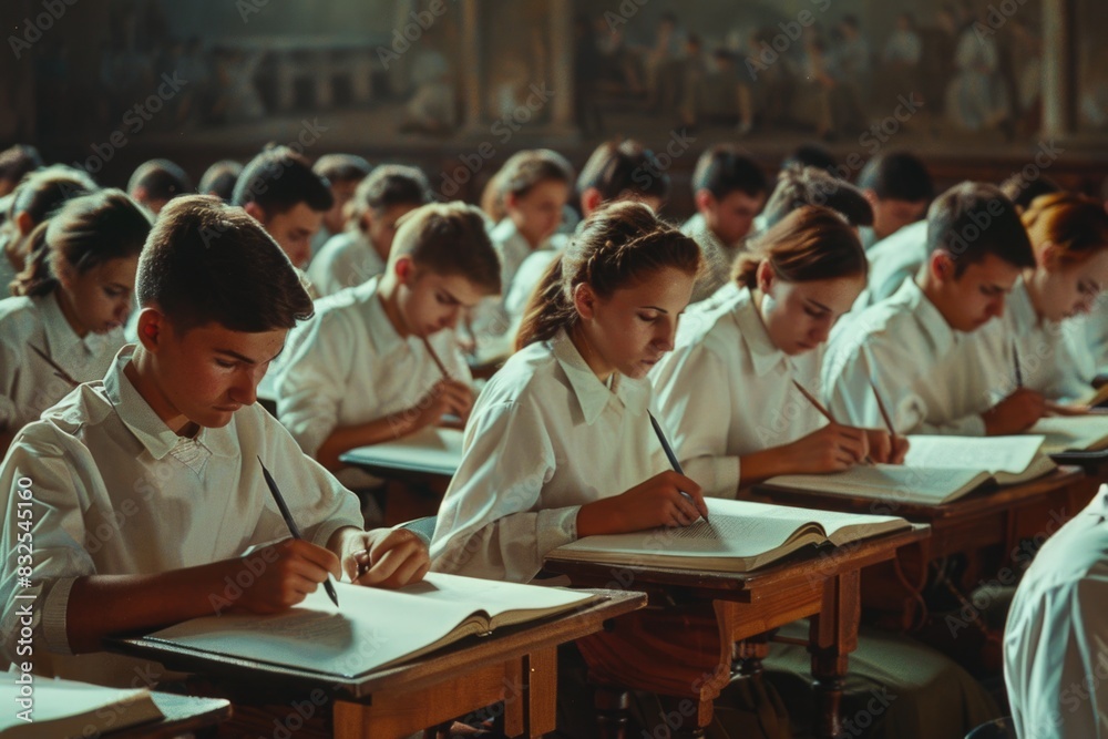 Poster group of students sitting at desks in a traditional classroom environment, ideal for education and l