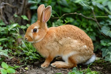 A brown rabbit sits on the ground in the midst of a dense forest