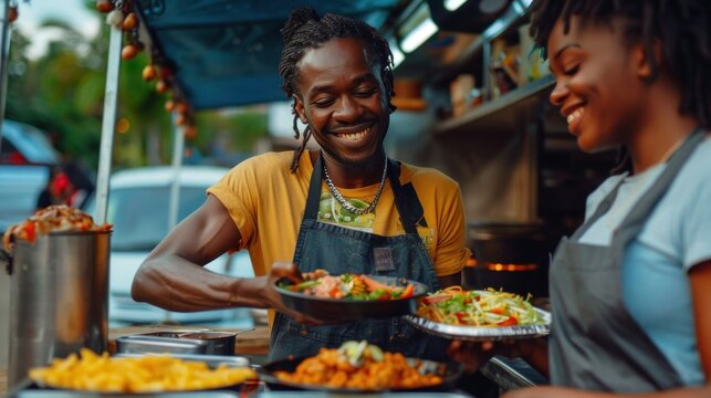 An African-American food truck owner serves a meal to a male customer. A modern concept for a business that offers takeout options Food truck catering