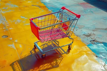 Vibrant red and pink shopping cart on a vivid yellow painted asphalt surface with shadows - Powered by Adobe