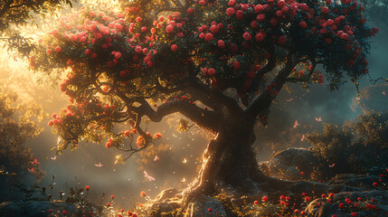 A tall rose tree with huge flowers, growing in an enchanted forest
