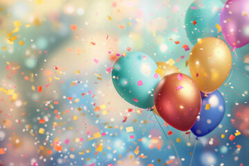 A vibrant scene of colorful balloons floating in the air, with confetti scattered around them