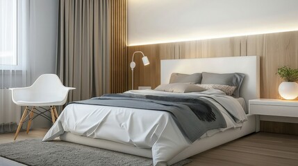 Modern bedroom interior design and decoration with white and grey bedding sheet, white chair, night light headboard.