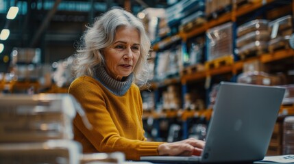 A senior woman entrepreneur in a mail delivery warehouse uses his laptop to confirm an online drop shipping logistics businesses e-commerce package order.