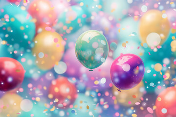 A vibrant scene of colorful balloons floating in the air, with confetti scattered around them
