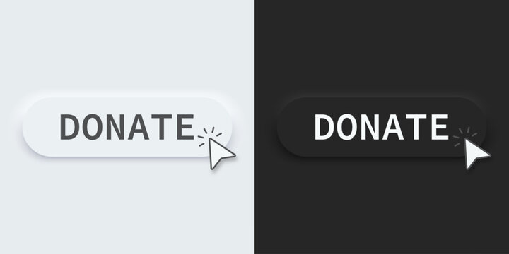 3D Donate button. Click the button donate for donation and charity.  Neumorphic, Neumorphism style. Black and white, vector illustration.
