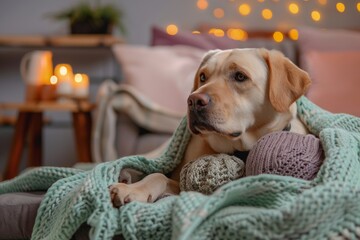 Obraz na płótnie Canvas Relaxed Labrador Wearing Anxiety Vest in a Cozy Living Room Corner with Soft Lighting and Comforting Accessories