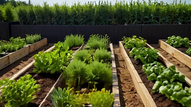 Raised Garden Beds with Fresh Herbs and Vegetables