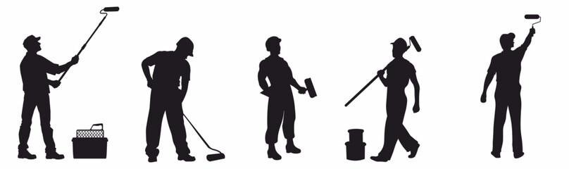 Set of painter silhouette. Collection of house painter on isolated white background. 