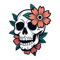 skull with flowers icon vintage vector art illustration 