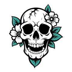 skull with flowers icon vintage vector art illustration 