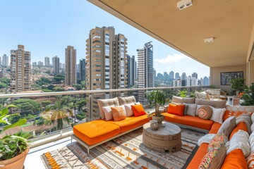 Spacious Rooftop Terrace with Comfortable Seating and City Skyline View