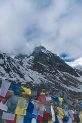 tibetan prayer flags in the mountains in nepal, Mountain in nepal, mount everest country, flags of...