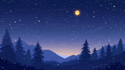 Fototapeta premium Stunning night sky illustration with full moon and starry background, featuring silhouettes of pine trees and mountains creating a magical atmosphere.