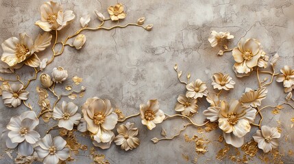 Volumetric Japanese patterns with gold elements and flowers.