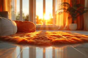 Cozy Bedroom with Sunlit Fur Rug and Warm Golden Light