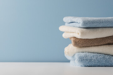 Stack of delicate colored cotton towels with cotton buds on  blue background
