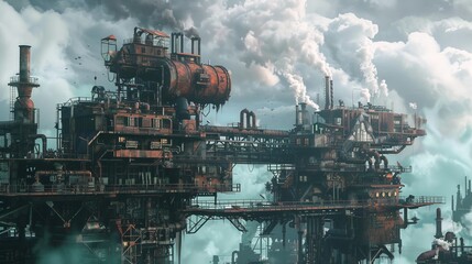 Steampunk factory with smog and clouds for futuristic and dystopian designs