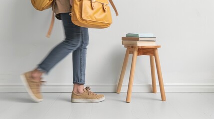 Blurry Teenager Walking During Schooltime, Books and Bag on Wooden Stool in Bright Indoor Setting - Powered by Adobe