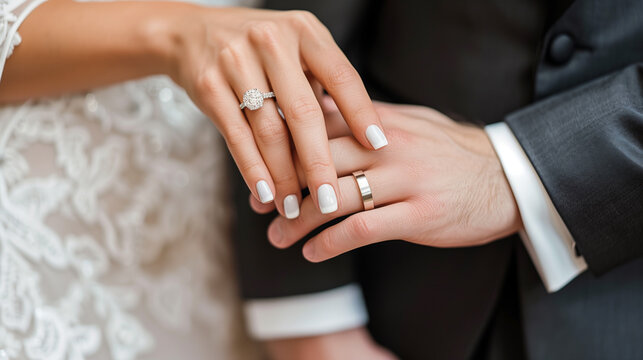 Close-up of elegant bride and groom holding hands, showcasing wedding rings against white lace dress and black tuxedo.