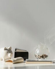 Minimalist Financial Planning Concept with Silver Credit Card, White Piggy Bank, Black Wallet, and Beige Ledger on Soft Grey Background