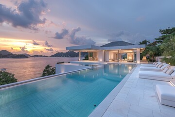 Modern Beach House with Infinity Pool Overlooking the Ocean at Dusk