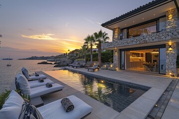 Elegant Beachfront Villa with Infinity Pool and Scenic Ocean View at Sunset