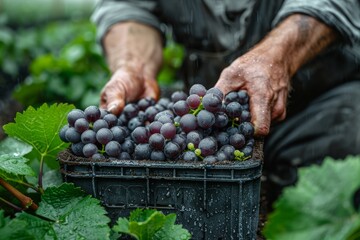 A worker is holding a tray of freshly harvested grapes in a vineyard, hands and grapes wet with rain