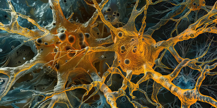 Neurodegenerative disease pathology close up microscopy microscopic image of brain connections stem.