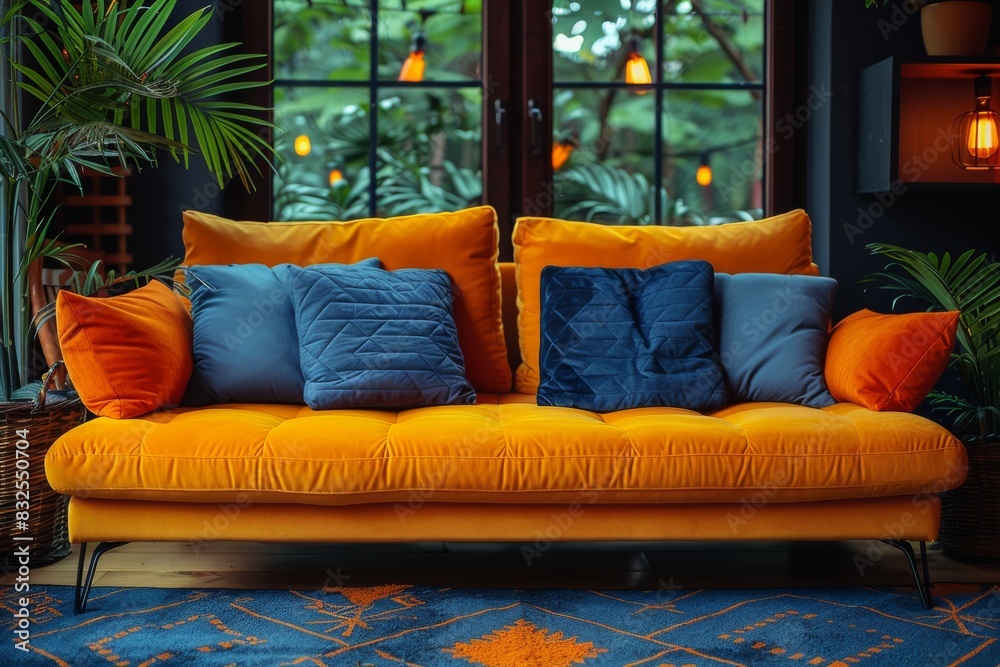 Sticker stylish living room with vibrant orange sofa and large windows overlooking nature