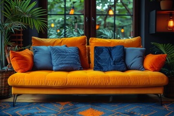 Stylish Living Room with Vibrant Orange Sofa and Large Windows Overlooking Nature