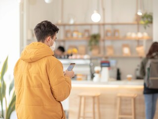 Young Man Engaged in Mobile Payment at a Tech-Savvy Modern Cafe, Emphasizing Digital Payment Convenience