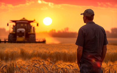 Fototapeta premium The illustration of a large wheat field, a beautiful sunset, and a farmer in the foreground. Modern agriculture.